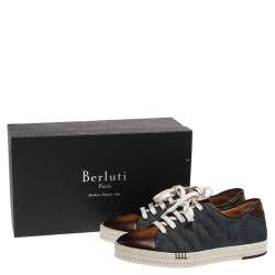 Pre Owned Berluti Blue/Brown Denim And Leather Playfield Side-Stitch Sneakers Size 43.5