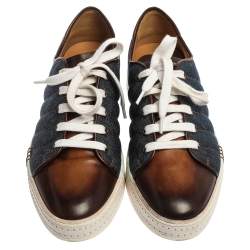 Pre Owned Berluti Blue/Brown Denim And Leather Playfield Side-Stitch Sneakers Size 43.5