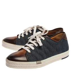 Pre Owned Berluti Blue/Brown Denim And Leather Playfield Side-Stitch Sneakers Size 43.5