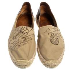 Pre Owned Berluti Beige/Brown Canvas and Leather Logo Slip on Espadrilles Size 40