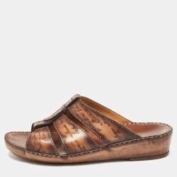 Berluti Brown Scritto Leather Slide Sandals 43.5