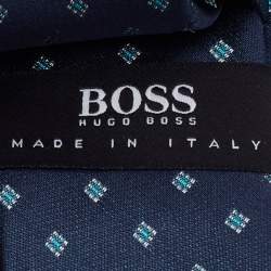 Pre Owned Boss By Hugo Boss Navy Blue Patterned Silk Satin Tie