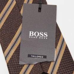 Pre Owned Boss By Hugo Boss Brown Diagonal Stripe Textured Silk Tie