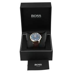 Pre Owned Hugo Boss Blue Rose Gold Tone Stainless Steel Leather Boss HB.332.1.34.3269 Men's Wristwatch 41 mm