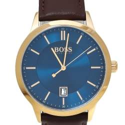Pre Owned Hugo Boss Blue Rose Gold Tone Stainless Steel Leather Boss HB.332.1.34.3269 Men's Wristwatch 41 mm