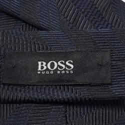 Pre Owned Boss by Hugo Boss Navy Blue Jacquard Silk Skinny Tie 