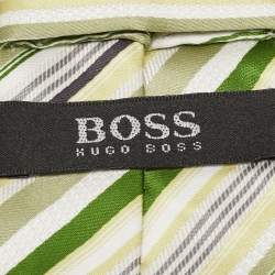 Boss by Hugo Boss Green/Yellow Diagonal Striped Silk Traditional Tie