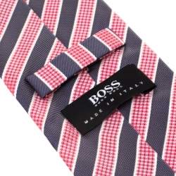 Pre Owned Boss by Hugo Boss Red and Grey Diagonal Striped Silk Jacquard Tie