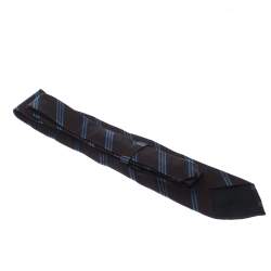 Pre Owned Boss By Hugo Boss Brown & Blue Diagonal Stripes Silk Jacquard Traditional Tie