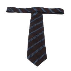 Pre Owned Boss By Hugo Boss Brown & Blue Diagonal Stripes Silk Jacquard Traditional Tie