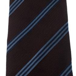 Pre Owned Boss By Hugo Boss Brown & Blue Diagonal Stripes Silk Jacquard Traditional Tie