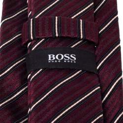 Pre Owned Boss By Hugo Boss Maroon Diagonal Striped Silk Tie 