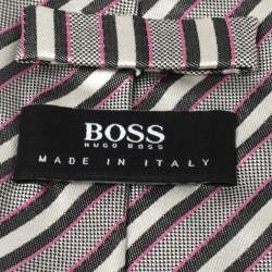 Boss By Hugo Boss White Diagonal Striped Silk Tie