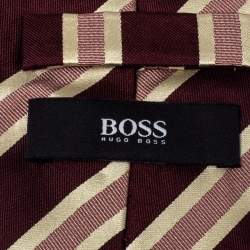 Pre Owned Boss By Hugo Boss Burgundy Striped Silk Tie