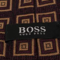 Pre Owned Boss By Hugo Boss Burgundy Square Patterned Silk Jacquard Traditional Tie