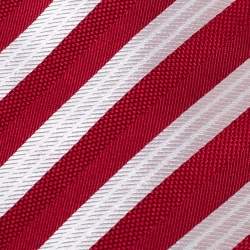 Pre Owned Boss by Hugo Boss Red and Silver Jacquard Stripe Silk Tie