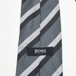 Pre Owned Boss By Hugo Boss Grey Striped Silk Jacquard Tie