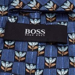 Pre Owned Boss By Hugo Boss Blue Floral Motif Jacquard Silk Tie