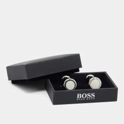 Pre Owned Boss By Hugo Boss Silver Tone Enamel Tobin Round Cufflinks