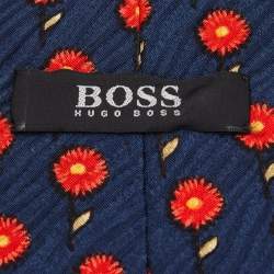 Pre Owned Boss By Hugo Boss Navy Blue Floral Printed Textured Silk Tie