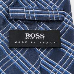 Boss  by Hugo Boss Navy Blue Check Patterned Silk Tie