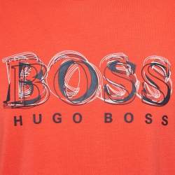 مملوكة مسبقًا قميص بوس باي هوغو بوس طباعة شعار أحمر قطن ياقة طاقية مقاس كبير