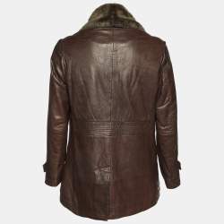 Pre Owned Boss by Hugo Boss Brown Fur Trim Leather Jacket with Vest M