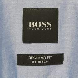 Pre Owned Boss Hugo Boss Blue Embroidered Logo Cotton Regular Fit Stretch Shirt L