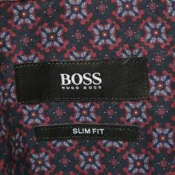 Pre Owned Boss By Hugo Boss Navy Blue Printed Cotton Slim Fit Shirt L
