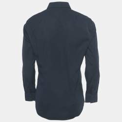 Pre Owned Boss By Hugo Boss Navy Blue Cotton and Knit Trim Slim Fit Shirt L