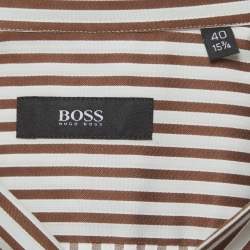 Pre Owned Boss By Hugo Boss Brown/White Striped Cotton Shirt L