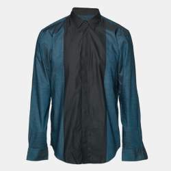 Pre Owned Boss By Hugo Boss Black/Teal Blue Cotton Slim Fit Shirt XL