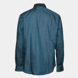 Pre Owned Boss By Hugo Boss Black/Teal Blue Cotton Slim Fit Shirt XL