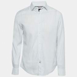 مملوكة مسبقًا Boss By Hugo Boss White/Blue Cotton Blend Striped Casual Fit Shirt M