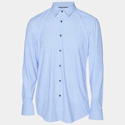 Pre Owned قميص بوس باي هوغو بوس قماش جيرسي مطبوع أزرق بقصة ضيقة مقاس كبير جدا