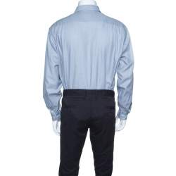 Pre Owned Boss By Hugo Boss Blue Herringbone Pattern Long Sleeve Cotton Shirt L