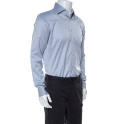 Pre Owned Boss By Hugo Boss Blue and White Woven Cotton Gerald Shirt M