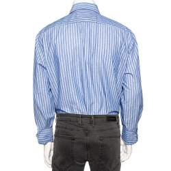 Pre Owned قميص بوس باي هوغو بوس قصة إعتيادية كتان وقطن مخطط أزرق مقاس كبير جدا جدا جدا