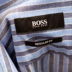 Pre Owned قميص بوس باي هوغو بوس قصة إعتيادية كتان وقطن مخطط أزرق مقاس كبير جدا جدا جدا