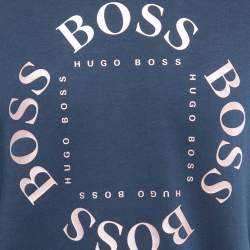 Pre Owned Boss By Hugo Boss Navy Blue Logo Print Knit Salbo Circle Sweatshirt L