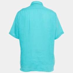 Pre Owned Boss By Hugo Boss Blue Linen Button Front Half Sleeve Shirt XL
