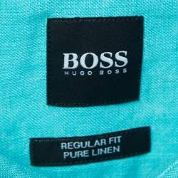Pre Owned Boss By Hugo Boss Blue Linen Button Front Half Sleeve Shirt XL
