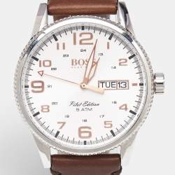 Boss By Hugo Boss Silver Stinless Steel Leather Pilot Edition HB.279.1.14.2872 Men's Wristwatch 44 mm