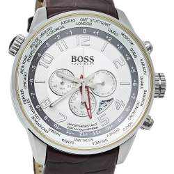 Pre Owned Hugo Boss Silver Stainless Steel Leather 1512739 Men's Wristwatch 44 mm 