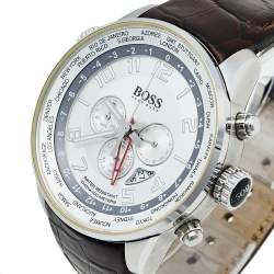 Pre Owned Hugo Boss Silver Stainless Steel Leather 1512739 Men's Wristwatch 44 mm 