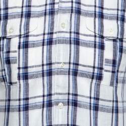 Boss Orange by Hugo Boss White and Blue Check Print Linen Short Sleeves Shirt S