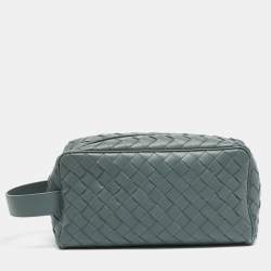 Pre Owned Bottega Veneta Travel Pouch Grey Intrecciato Leather
