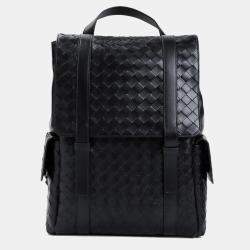 Bottega Veneta Black Leather Intrecciato Leather Backpack Bag