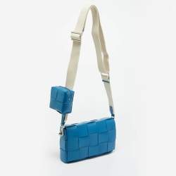 Pre Owned Bottega Veneta Blue Intreccio Leather Medium Cassette Crossbody Bag