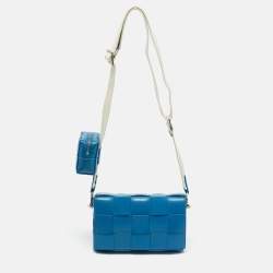 Pre Owned Bottega Veneta Blue Intreccio Leather Medium Cassette Crossbody Bag